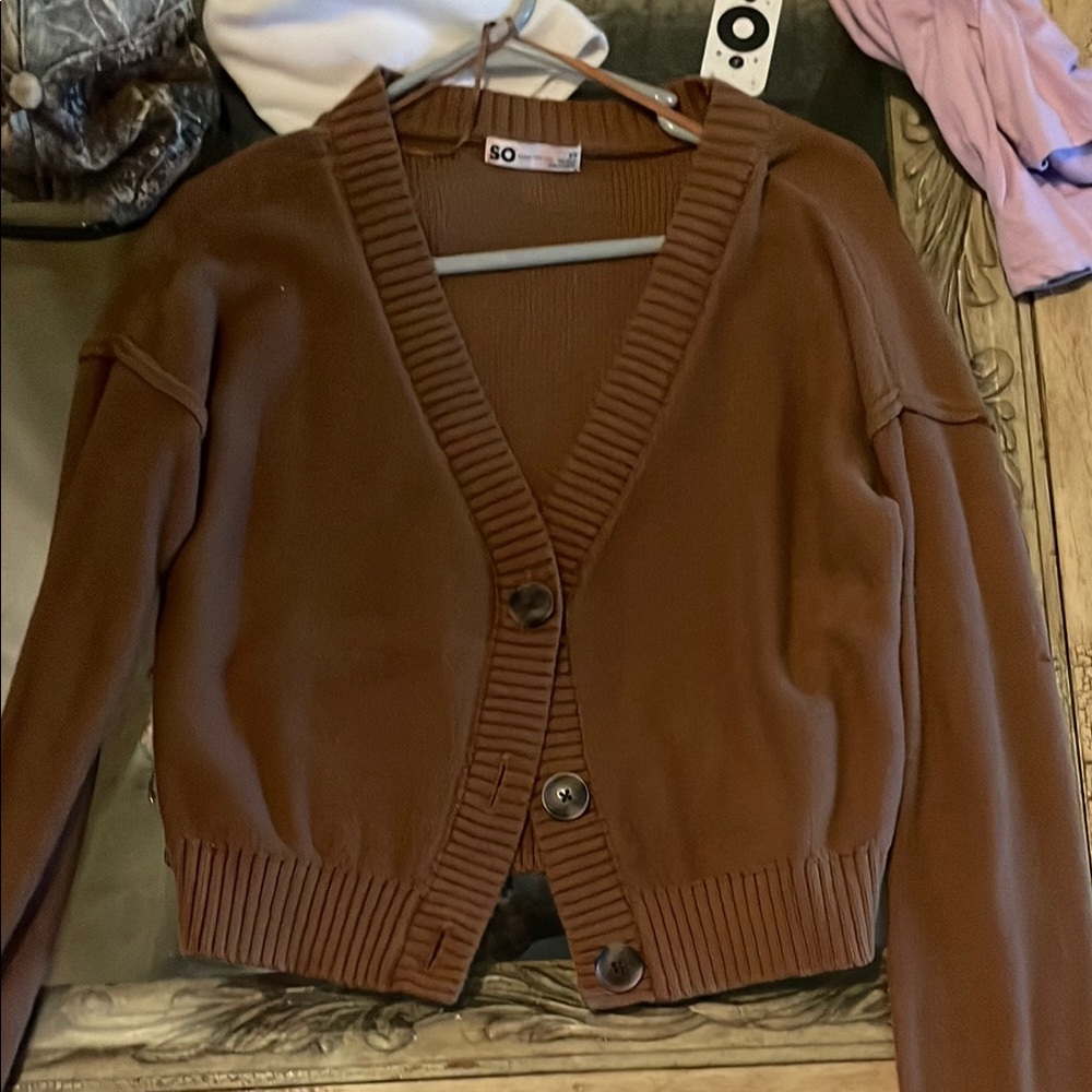 SO Brown Cardigan Sweater V-Neck Ribbed